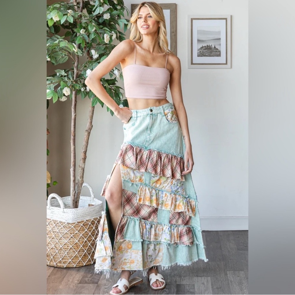Oli & Hali Mint Plaid Floral Patchwork Ruffle Slit Denim Maxi Skirt - Picture 10 of 10